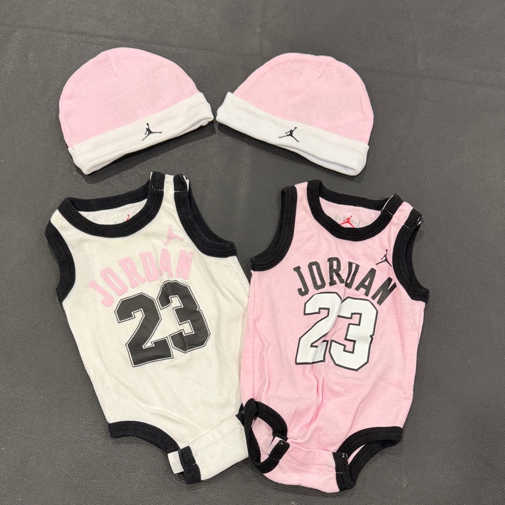 Jordan Infant Romper and Hat Set - Pink, White, and Black